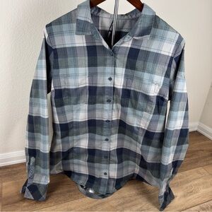 Kuhl Women’s Plaid Flannel Shirt, Blue & Gray, Size Large Vail Ski Embroidered